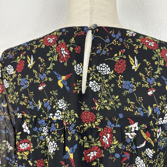 Madewell Top Women Size Small Bird Floral Dark Cottagecore Ruffle Peplum Blouse - Picture 9 of 14